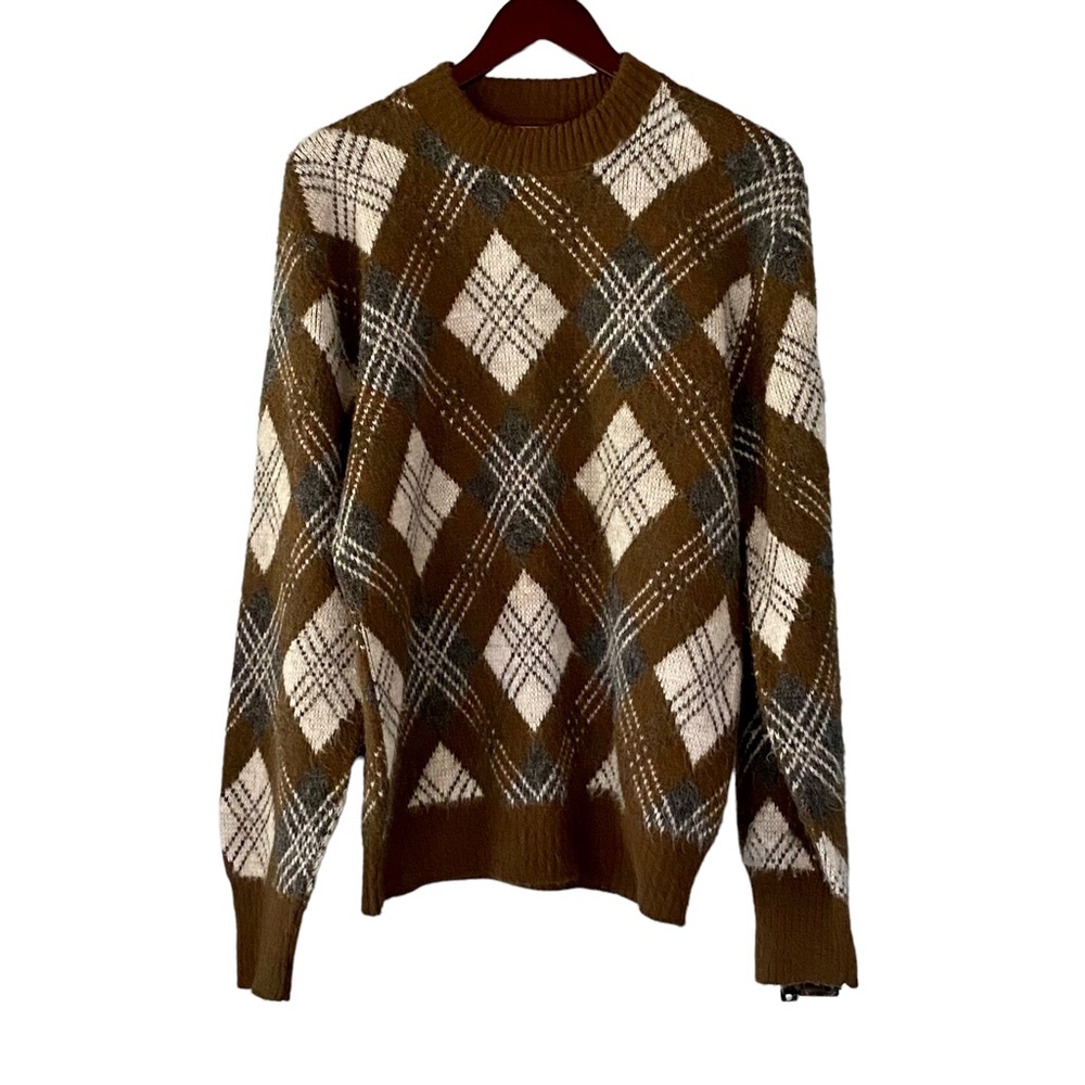 Vintage 50s Indian Brand Argyle Sweater Mens M Orlon Olive Mohair Texture Preppy